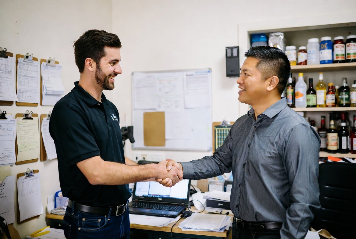 Level POS local support representative shaking hands with independent restaurant owner in back-of-house office